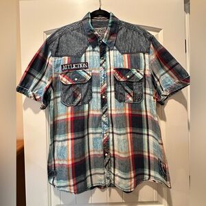 Affliction Men's Blue and Red Plaid Snap Down Shirt